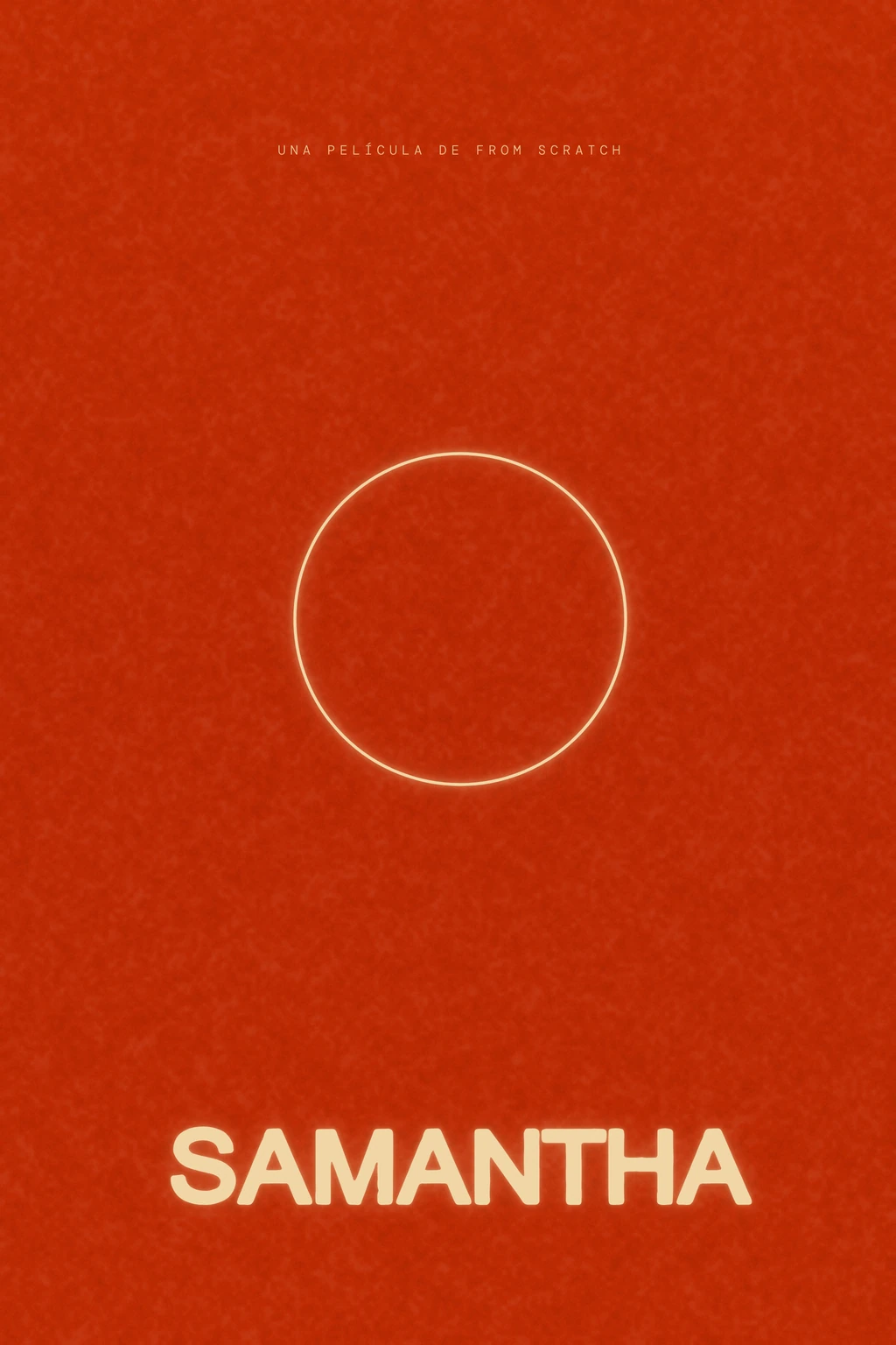 Póster de cine vertical de Samantha sobre un campo rojo granulado con un halo luminoso